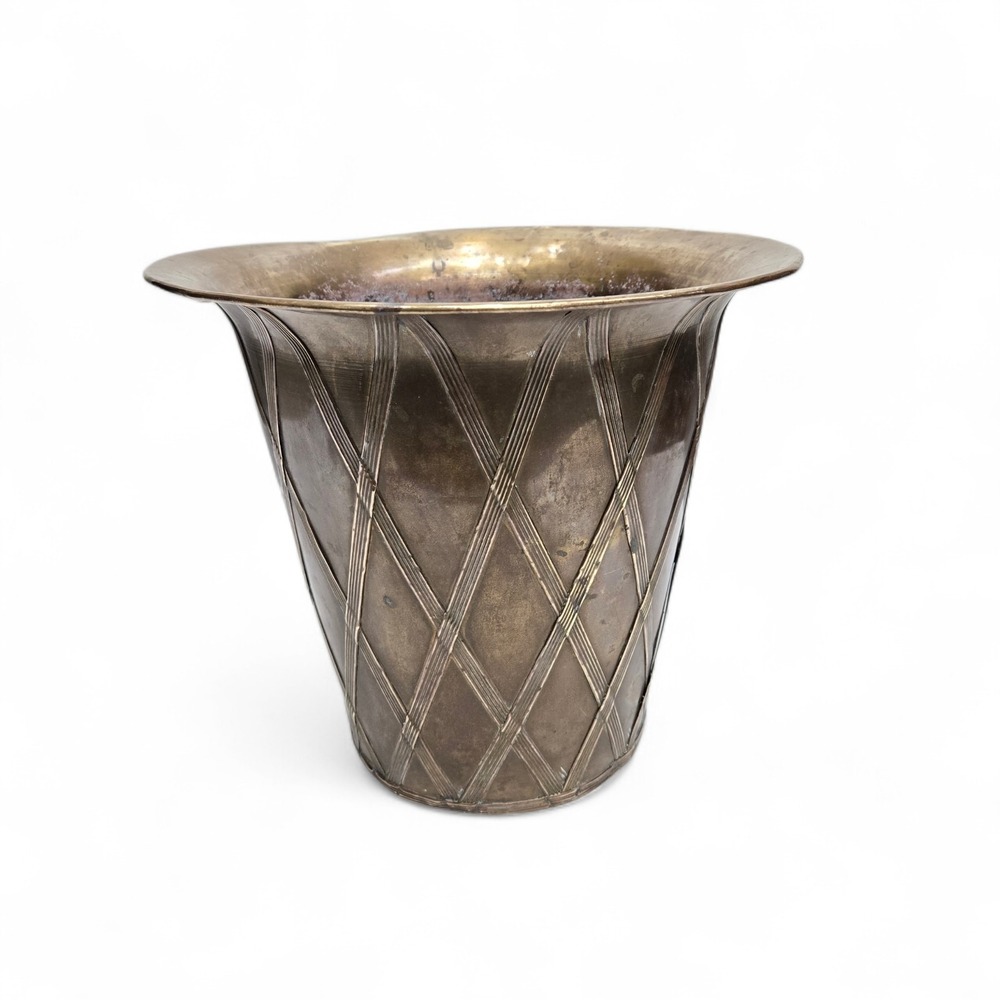 Vtg Brass‎ Lattice Overlay Planter Wastebasket 11" Mid Century Decor Cache Pot